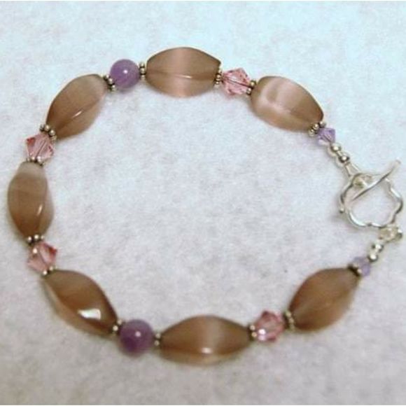 Handmade Pink Cat's Eye Glass, Amethyst Beads, & Sterling Silver Bracelet - Picture 4 of 8